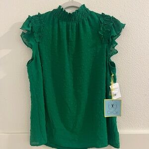 CeCe Lush Green Micro Dot Ruffle Sleeveless Blouse size Small NWT